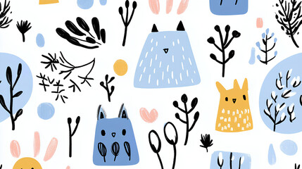 Seamless pattern with hand-drawn abstract animals, plants, and geometric shapes in pastel colors. Playful Scandinavian-style design with black botanical elements on a white background