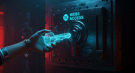 Hand Holding Digital Key to Web3 Access on Futuristic Safe
