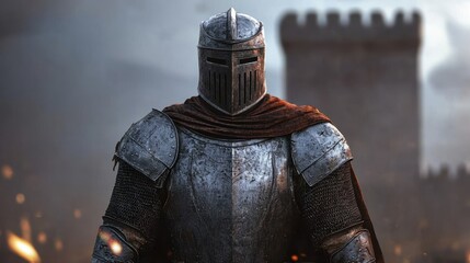 A formidable knight stands in armor, ready for battle, with a castle in the background, evoking a sense of medieval valor and strength.