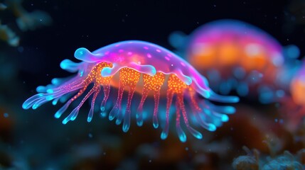 Naklejka premium A vibrant, glowing jellyfish floats gracefully in dark waters, showcasing its luminescent tentacles and colorful body.