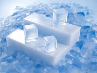 3D Illustration Ice Cubes on Platforms, Refreshing Coolness