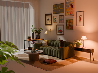 Vibrant, maximalist eclectic living room 3D render with warm mood lighting and sunlight coming through curtains. Artistic decorations, plants, greenery and unique wall art decorate the area © Jun