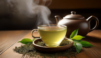 Fototapeta premium Steaming Cup of Green Tea on Wooden Table