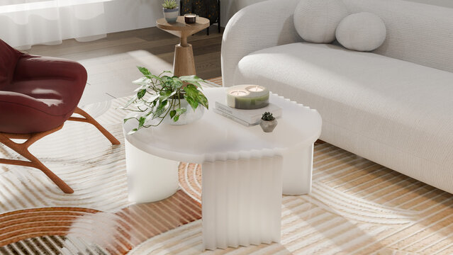 Minimalist japandi living room 3D render with fluted white coffee table, boucle sofa and warm natural tones