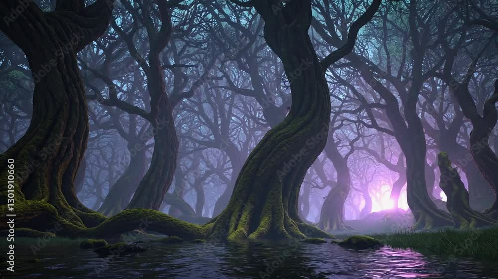 Aufkleber mysterious forest with twisted trees and mystical light. enchanted nature scene