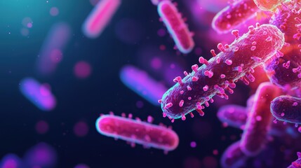 A vibrant depiction of bacteria, showcasing colorful microorganisms against a dark background, emphasizing their intricate structures and diversity.
