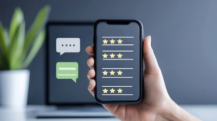 A person holds a smartphone displaying star ratings and feedback, with a laptop and a plant in the background, symbolizing online reviews and customer feedback.