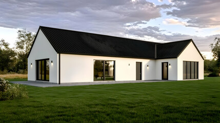 3D Illustration Modern Farmhouse Exterior Architecture Design Lawn Grass Trees Sky Clouds