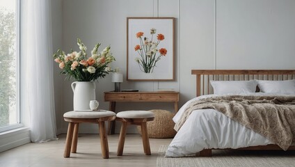 Flowers on wooden stool and pouf in white bedroom interior with blank frame above bed