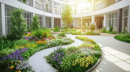 Sunlit courtyard garden with winding path, colorful flowers, and modern building.