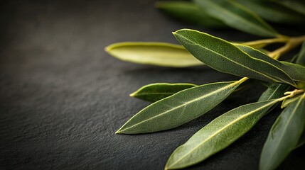 Obraz premium Fresh olive leaves on dark slate background
