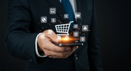 Online Shopping Experience Man Using Smartphone with Shopping Cart Icon