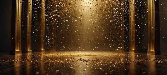 Golden confetti rain on festive stage with light beam in the middle, empty room at night mockup with copy space