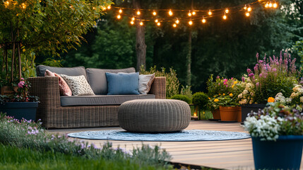 Serene Evening in a Beautifully Lit Garden with Wicker Sofa and Ottoman