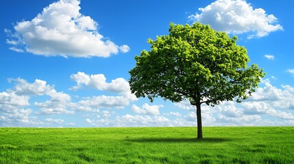 Single Green Tree in Lush Field Under Blue Sky with Fluffy Clouds