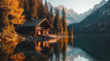 Obraz premium Lakeside cabin nestled in autumnal alpine forest reflecting in calm water.