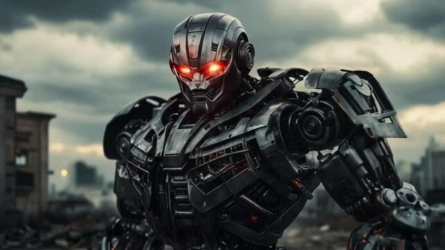 Red-eyed combat robot advanced swiftly, equipped with powerful weapons and unmatched tactical intelligence