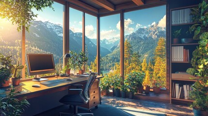 Fototapeta premium Mountain view home office with plants and desk.