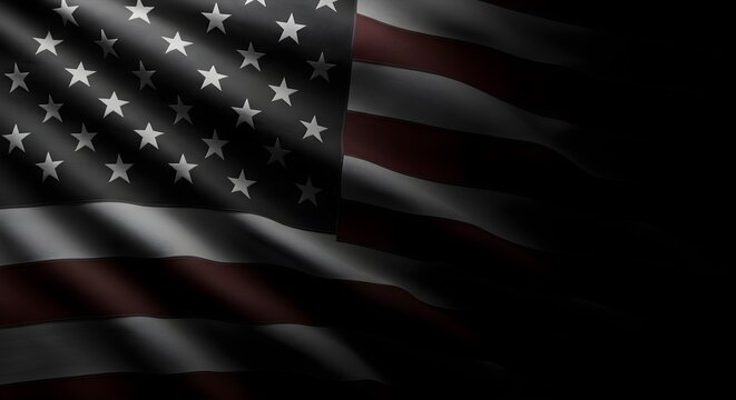 A black and white American flag waving on a black background