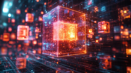 Fototapeta premium A Glowing Data Cube Pulsates With Energy At The Heart Of A Digital Universe, Vibrant Neon Colors Illuminating Intricate Circuitry