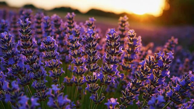 Lavender field at sunset with vibrant purple blooms, serene nature scene concept