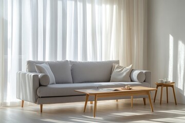 A Scandinavian-style living room with a light gray sofa, a wooden coffee table, 