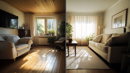 Fototapeta premium Side-by-Side Comparison of Old vs. New Renovation in a Living Room