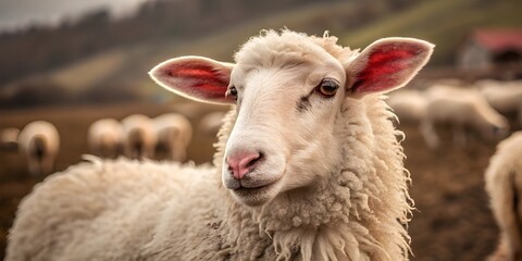 Obraz premium Close-Up Sheep Portrait: Fluffy White Wool and Expressive Eyes in a Rustic Farm Setting