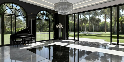 Fototapeta premium 3D Illustration Modern Luxury Interior Design Living Room Grand Piano