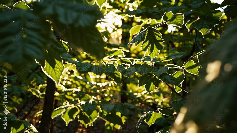 Poster sunlight filtering through forest leaves, tranquil and serene atmosphere. nature's tranquility.