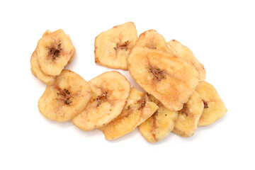 Banana chips on white background