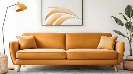 Illustration - Cozy Living Room Interior Design with Mustard Sofa, Floor Lamp, and Plant