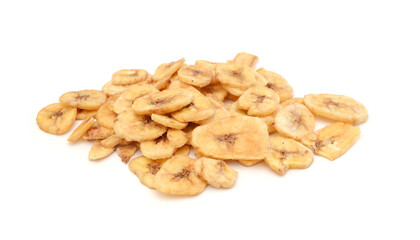 Banana chips on white background