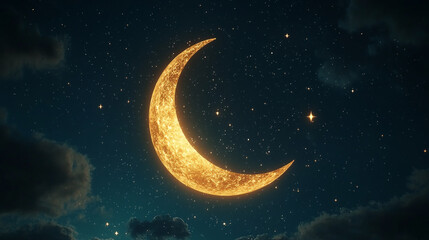 Fototapeta premium Golden crescent moon in night sky with sparkling stars and clouds dark.
