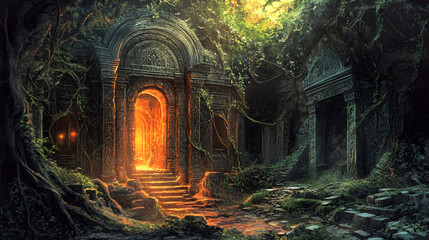 Obraz premium Hidden doorway glowing amidst the dark, mystical forest, inviting discovery.