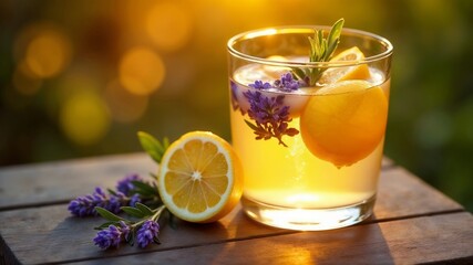 Glass of fresh lemonade on a wooden surface, decorated with lemon slices, rosemary sprigs and purple flowers. A whole lemon and a sprig of rosemary are nearby. Refreshing drink, homemade cocktail