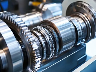 Fototapeta premium Close-up of intricate metallic gears and machinery components in a workshop setting