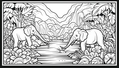 Obraz premium Two elephants drinking from a river amid lush vegetation and mountains in a serene landscape