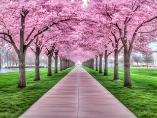 Naklejka premium Photo Pink Trees Pathway Spring Blossoms Nature Landscape Scenic