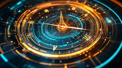 A futuristic clock interface with glowing elements and intricate design. - Powered by Adobe