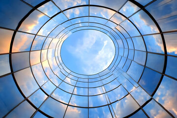 Naklejka premium Illustration - Circular Glass Structure with Sky Reflection Abstract