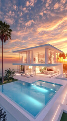 Fototapeta premium 3D Illustration Modern Luxury Villa Sunset Ocean View Pool Palm Trees