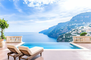 Naklejka premium Photo - Luxury Infinity Pool Ocean View, Coastal Relaxation, Travel Destination