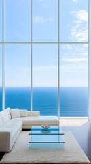 Fototapeta premium Photo - Coastal Interior Design, Ocean View, White Sofa, Glass Table, Rug, Modern Home