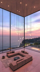 Fototapeta premium 3D Illustration Modern Living Room Ocean View Sunset Architecture Interior Design Luxury Home Decor