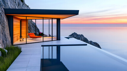 Fototapeta premium 3D Illustration Ocean View Home Architecture Sunset Pool