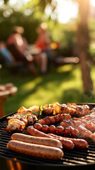 Outdoor barbecue grill featuring sausages, hot dogs, and skewers, with blurred people in background