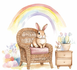 Watercolor Easter bunny sitting on a wicker chair, with a rainbow in the background