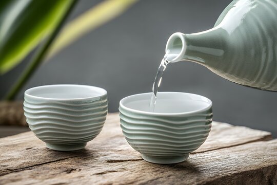 Elegant ceramic cups with sake being poured on rustic wooden surface