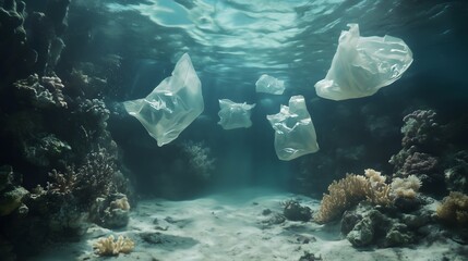 Plastic bags floating in the ocean, Plastic bags in the sea, Marine litter